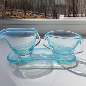 Fostoria Glass Seascape Blue Opalescent Sugar and Creamer with Tray