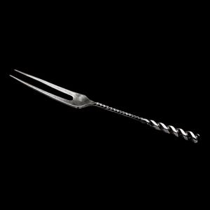 May include: A silver fork with a twisted handle. The fork is designed for serving food.