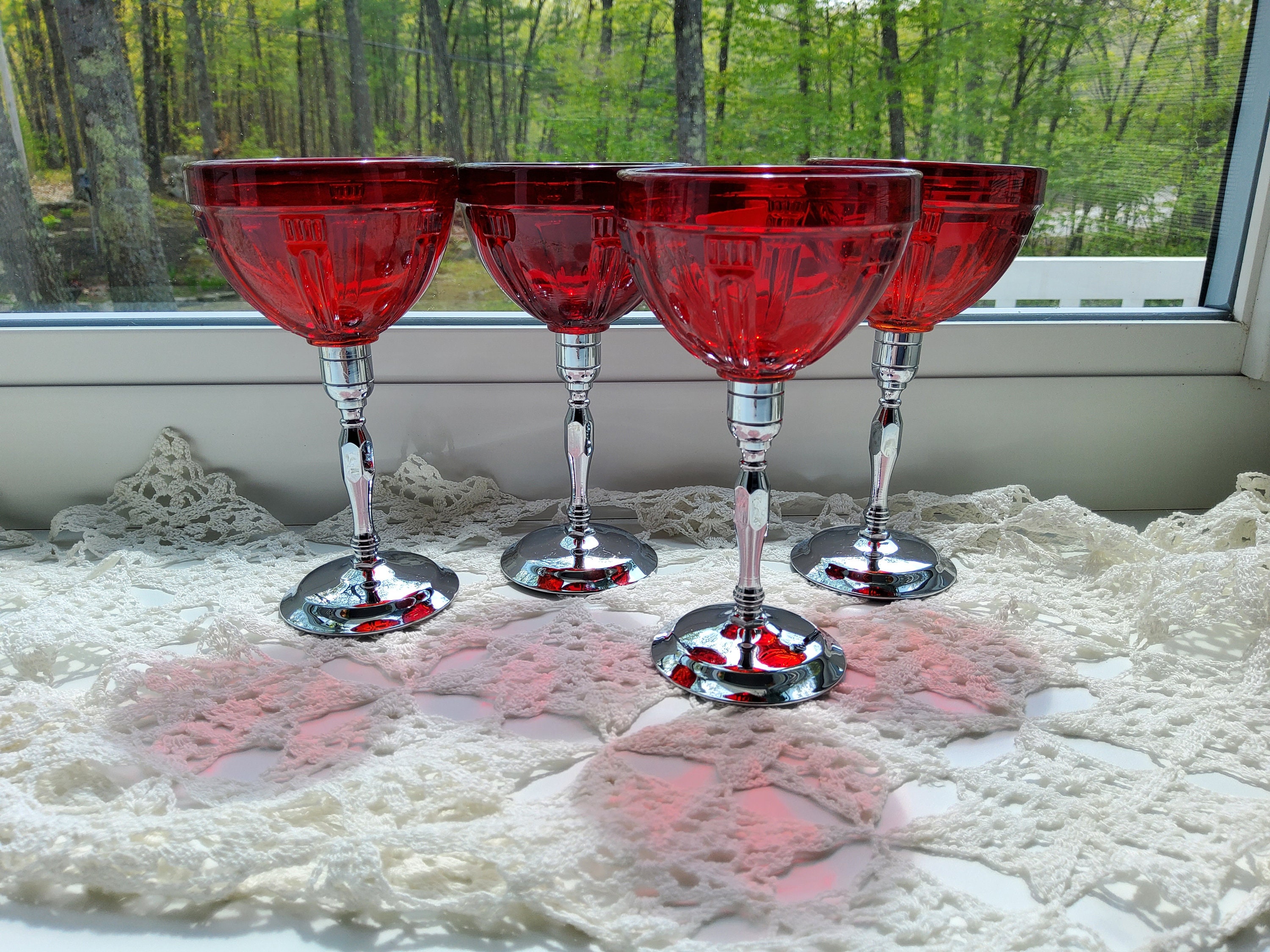 4 Ruby Red Wine Glasses , Pressed Glass With Barley Twist Stem 