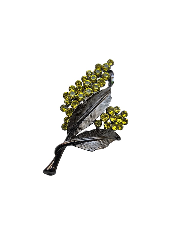 Silvertone Leaf Brooch with Green Rhinestones - image 1