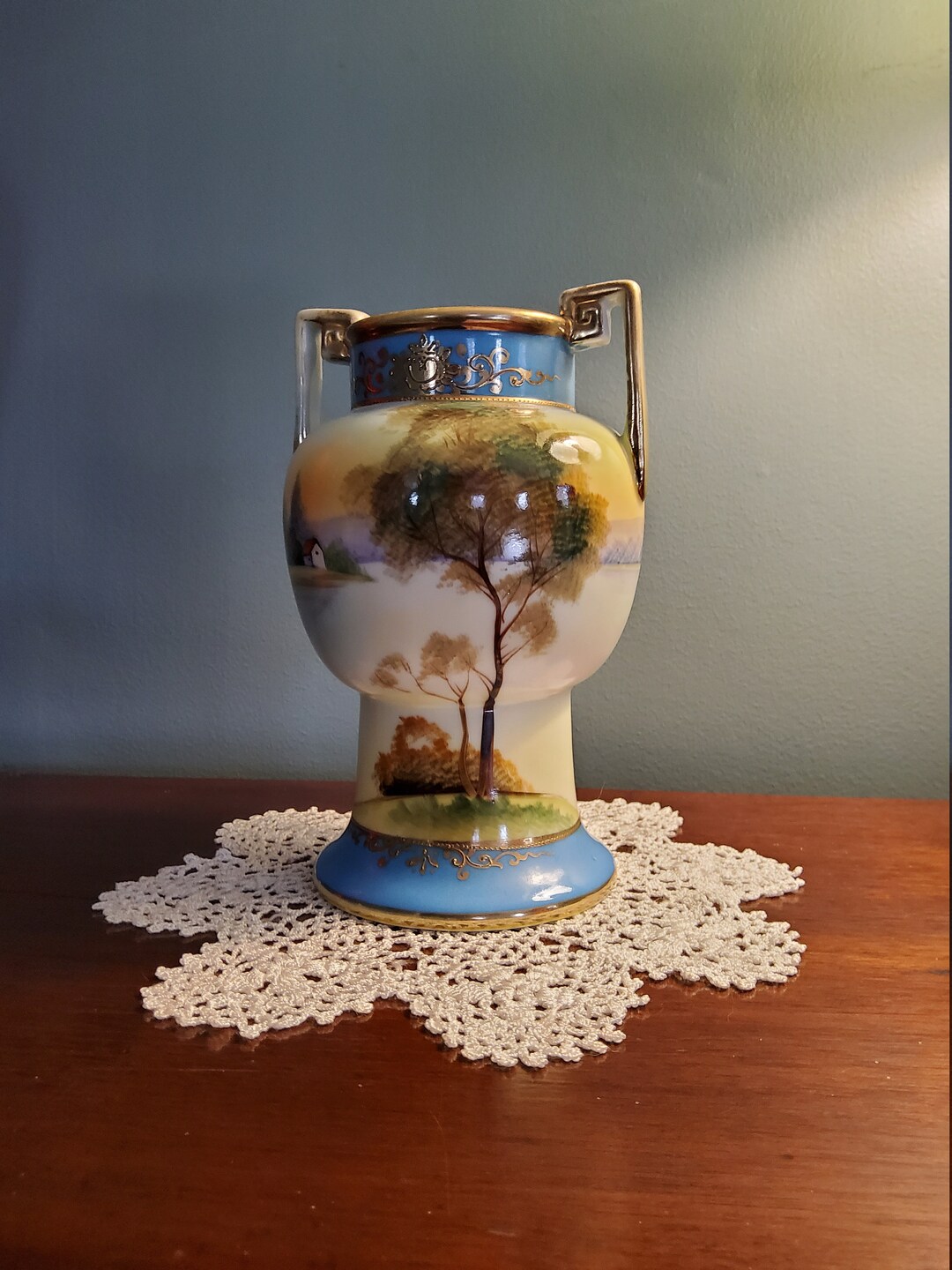 Nippon Two Handled Vase With Farm Scene Etsy