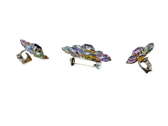 Earring and Brooch Set with Multi Color Pastel Rh… - image 3