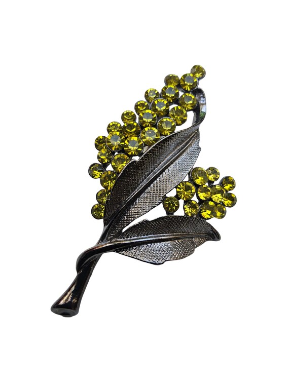 Silvertone Leaf Brooch with Green Rhinestones - image 2