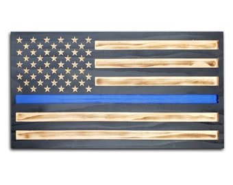 Carved Blue Line Wooden Flag - Police Officer Gift - Police Wood Flag - Blueline Police Flag - Carved Flag - Law Enforcement Gifts