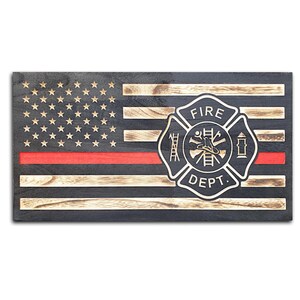 Carved Red Line Fireman&#39;s Wood Flag - FD Wood Flag - Red Line Fireman&#39;s Flag, Custom Red Line Flag - FD Wood Flag - Fireman&#39;s Gift