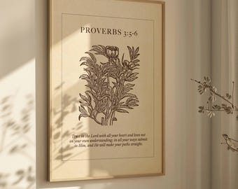 Trust in the Lord Bible Verse Art, Proverbs 3:5-6 Scripture Print, Neutral Botanical Christian Decor (Digital Download)