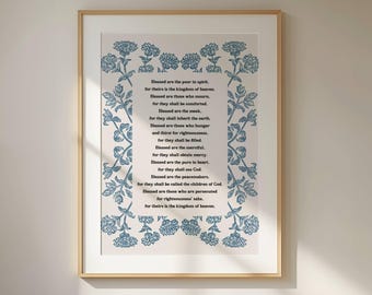 Beatitudes Wall Art, Matthew 5:3-12 Scripture Print, Blue Bible Verse Printable, Christian Wall Decor, Catholic Gift (Digital Download)