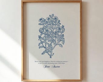 Impresión con cita de Jane Austen: "Sensación y sentido floral azul" (descarga digital)