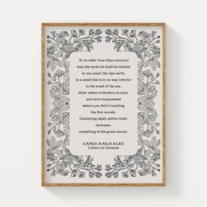 Rainer Maria Rilke Autumn Quote Print, Vintage Botanical Poetry Art, Literary Wall Art, Black and White Nature Print, Inspirational Decor