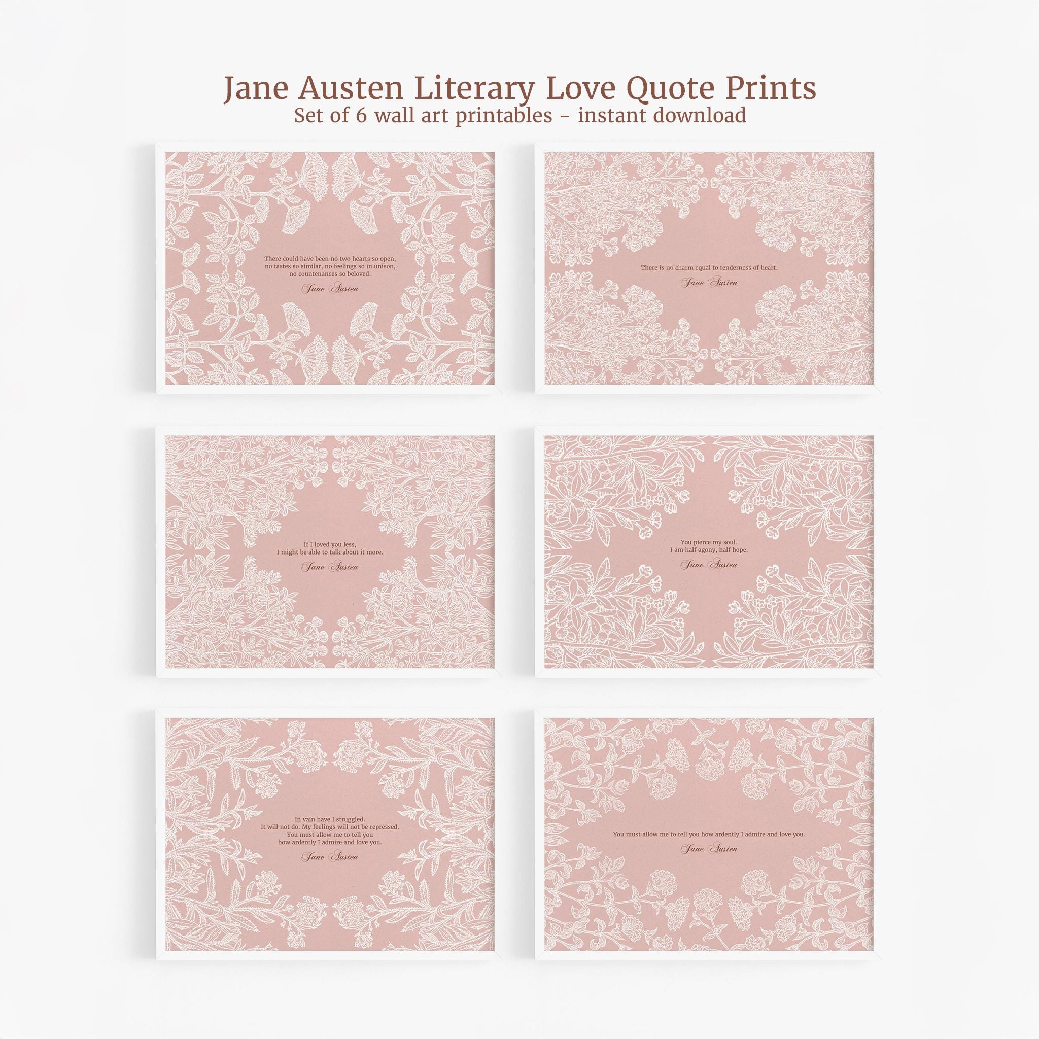 Jane Austen Quote Prints (Set of 6): Pink Botanical Wall Art (Digital Download)