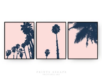 Palm Tree Print Set: Pink & Navy Coastal Wall Art (Digital Download)