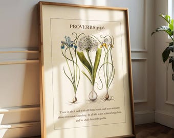 Proverbs 3:5-6 Christian Print, Vintage Floral Wall Art (Digital Download)