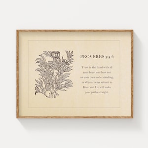 Proverbs 3:5-6 Bible Verse Wall Art, Floral Housewarming Gift, Vintage Christian Floral Art, Horizontal Proverbs Bible Passage Print