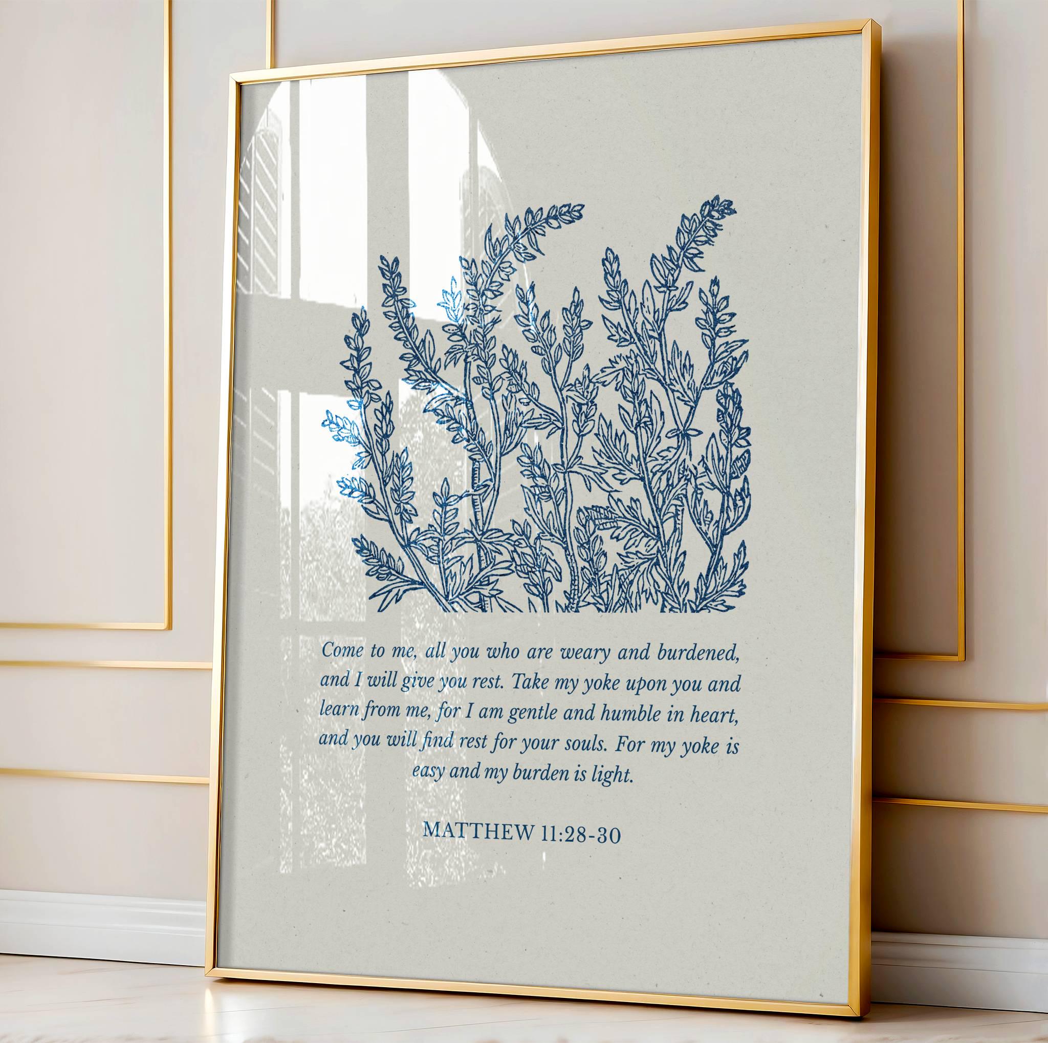 Matthew 11:28-30 Blue Botanical Christian Wall Art Scripture Printable Bible Verse Art Floral Faith Print Digital Download