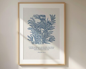Psalm 121 Printable Wall Art, I Lift Up Mine Eyes Bible Verse Print, Blue Botanical Scripture Art, Christian Faith Gift (Digital Download)