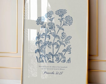 Proverbs 31:27 Bible Verse Art, Christian Gift for Mom, Botanical Wall Decor for Women, Blue Floral Scripture Print (Digital Download)