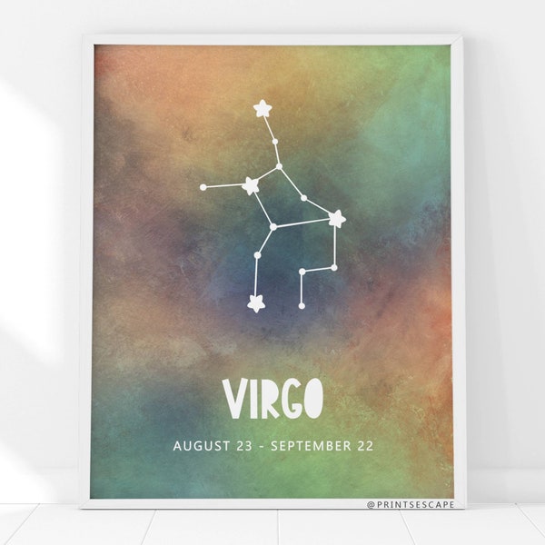 Virgo Modern Zodiac Printable Art, Constellation Zodiac Star, Neutral Brown Green Navy Painting, Universe of Stars, Gift for Birth Month