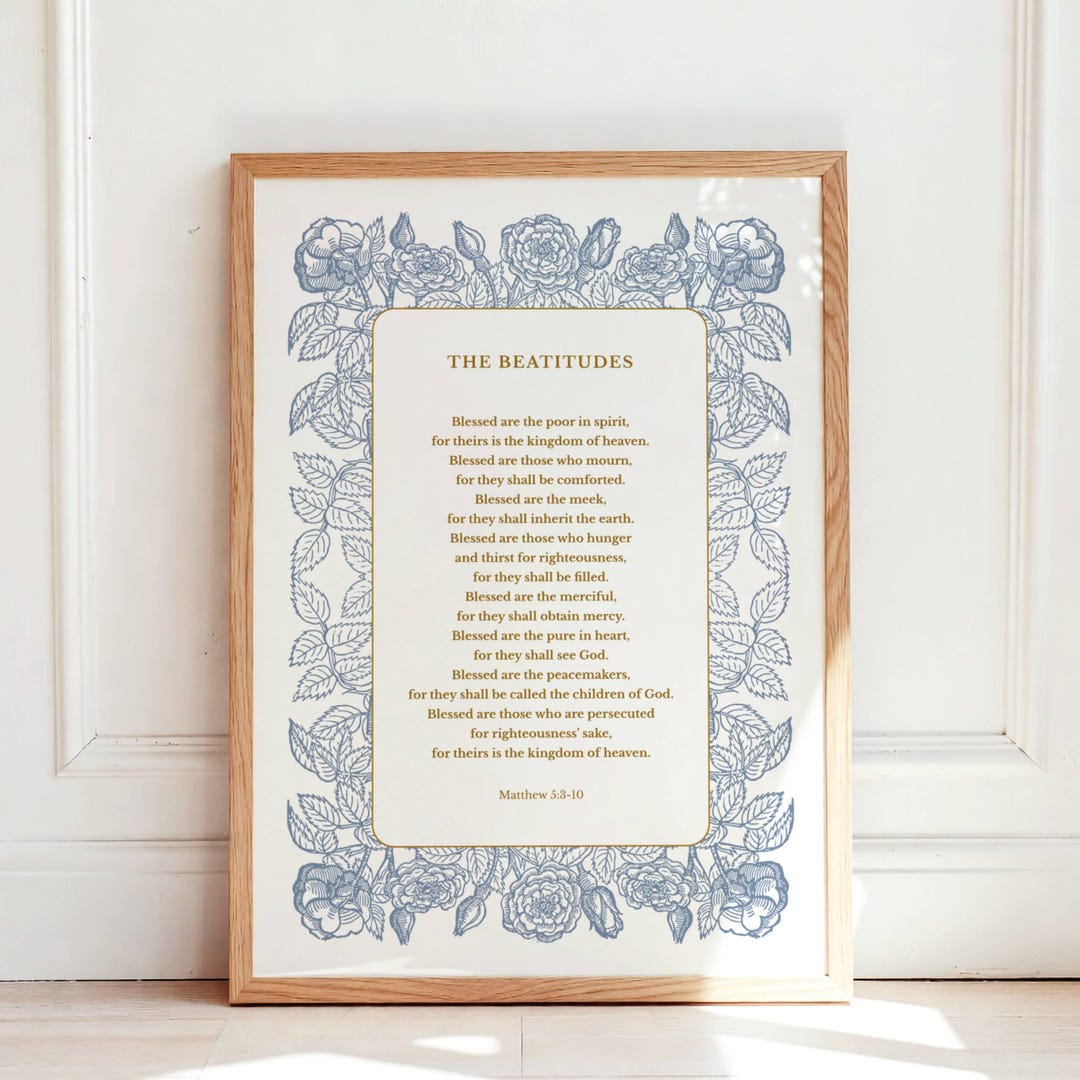 Beatitudes Scripture Print, Blue Vintage Catholic Floral Wall Art ...