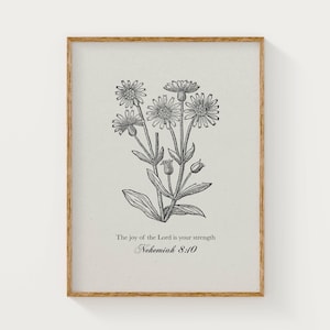 Joy of the Lord Scripture Print, Nehemiah 8:10 Bible Verse Wall Art, Christian Floral Line Drawing, Neutral Minimalist Faith Decor