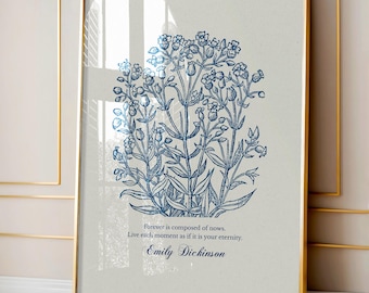 Impresión con cita de Emily Dickinson: Arte botánico floral azul (descarga digital)