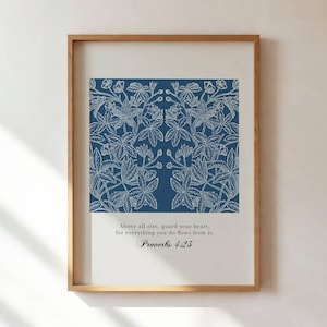 Proverbs 4:23 Floral Bible Verse Print, Blue Christian Wall Art (Digital Download)