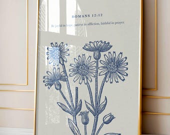 Romans 12:12 Joyful in Hope Bible Verse and Floral Art, Christian Housewarming Gift, Blue Daisy Scripture Decor (Digital Download)
