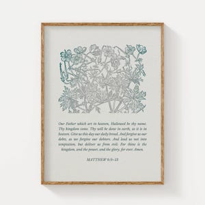 The Lord&#39;s Prayer Print: Vintage Blue Botanical Christian Wall Art (Digital Download)