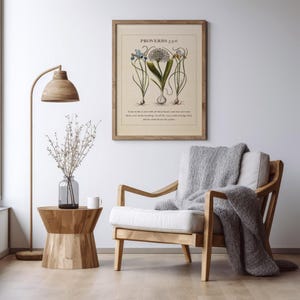Printable featuring Proverbs 3:5-6 Bible Verse paired with illustrated vintage botanicals shown in a wood frame above a reading chair and lamp.