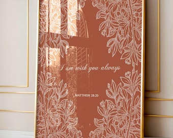 Terracotta Floral Cross, Matthew 28:20 Scripture Art (Digital Download)