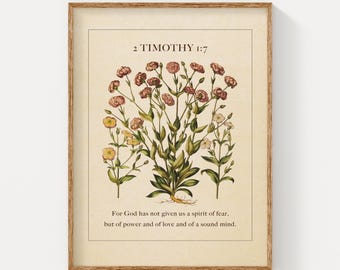 2 Timothy 1:7 Bible Verse Print, Vintage Botanical Christian Art, Neutral Floral Home Decor, Faith & Strength Scripture Printable