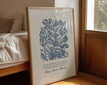 Thoreau Castles in the Air Quote Print, Book Lover Gift, Blue Vintage Botanical Wall Art (Digital Download)