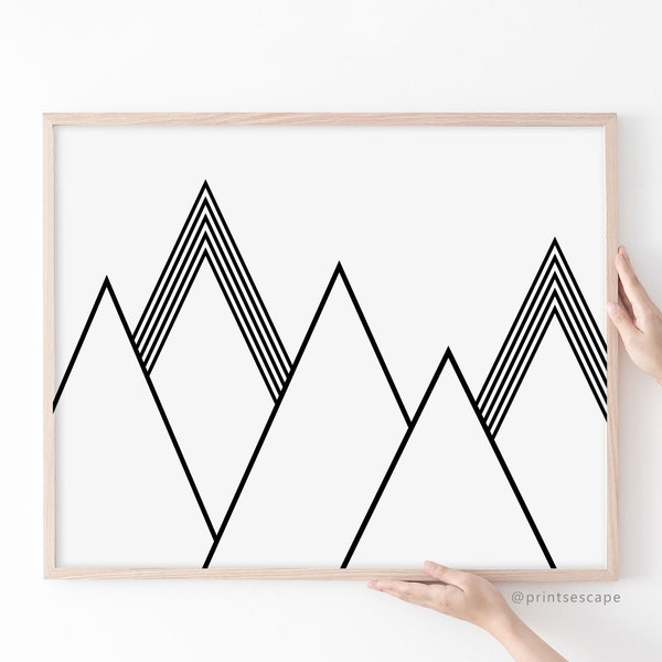 Geo Mountain Printable, Modern Geometric Nature Printable Wall Art, Black and White Mountain Range, Instant Digital Download, 16x20 JPG