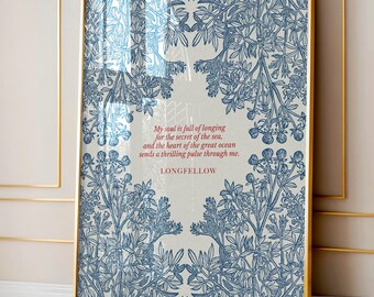 Lámina con el poema "Longfellow Longing for the Sea" - Decoración botánica para casa de playa en tonos azules y rojos (Descarga digital)