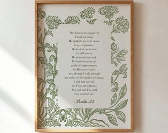 Psalm 23 Botanical Print: Olive Green Christian Scripture Art (Digital Download)