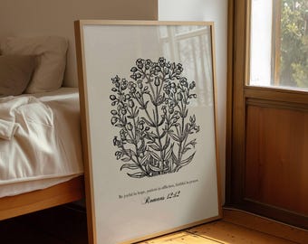 Romans 12:12 Faithful in Prayer Scripture Print, Botanical Christian Wall Art, Black Floral Bible Verse Art (Digital Download)