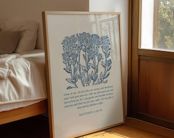 Matthew 11:28-30 Come to Me for Rest Print, Calm Christian Floral Art for Bedroom, Scripture for Anxiety and Comfort (Digital Download)