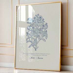 Cita de Jane Austen para imprimir: cita de esperanza y felicidad, impresión de cita literaria con motivos florales vintage en azul, regalo para amantes de los libros