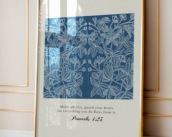 Proverbs 4:23 Bible Verse, Guard Your Heart Bible Passage, Blue and White Floral Bible Verse, Christian Home Decor, Vintage Botanical Print