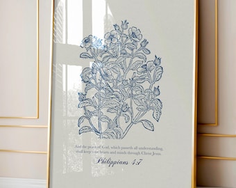Philippians 4:7 Scripture Print, Peace of God Verse, Christian Printable, Blue Floral Wall Art, Bible Quote Botanical Faith Decor Download