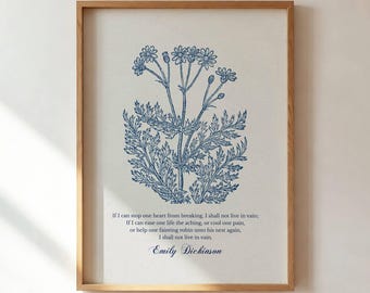 Impresión con cita de Emily Dickinson: Arte botánico azul vintage (descarga digital)