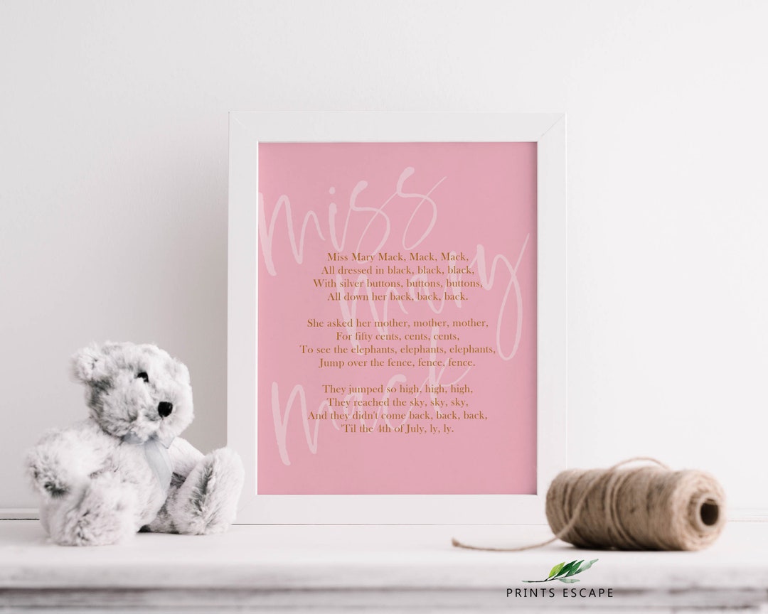 Pink and Gold Miss Mary Mack Nursery Rhyme Printable, Childrens Room