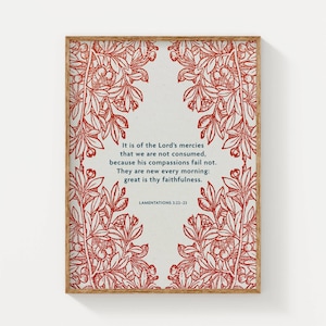 New Every Morning, Lamentations 3:22-23 Bible Verse Print, Great Is Thy Faithfulness, Red and Navy Vintage Floral Christian Wall Art