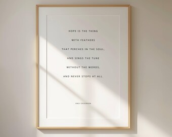 Lámina con la frase "Hope" de Emily Dickinson, arte mural con cita inspiradora, decoración motivadora para el dormitorio, lámina con tipografía minimalista (descarga digital).