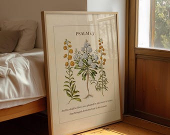 Psalm 1:3 Botanical Print, Yellow and White Floral Living Room Wall Art, Christian Scripture for Spiritual Growth (Digital Download)