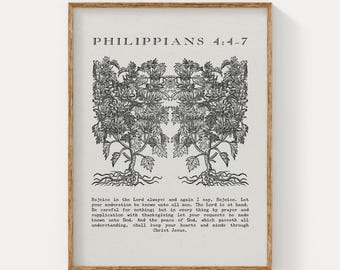 Philippians 4:4-7 Christian Wall Art Print, Rejoice in the Lord Bible Verse, Vintage Floral Botanical Print, Christian Printable