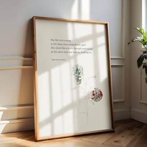 Cytat Virginii Woolf Wydrukuj sztukę botaniczną, wiersz She Felt Very Young, literacka sztuka ścienna, ilustracja kwiatowa w stylu vintage, minimalistyczny wydruk przyrodniczy