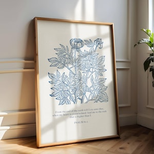 Christian Wall Art - Psalm 61:2 Bible Verse Printable, Scripture Wall Art for Home Decor, Blue Floral Bible Verse Art for Inspiration