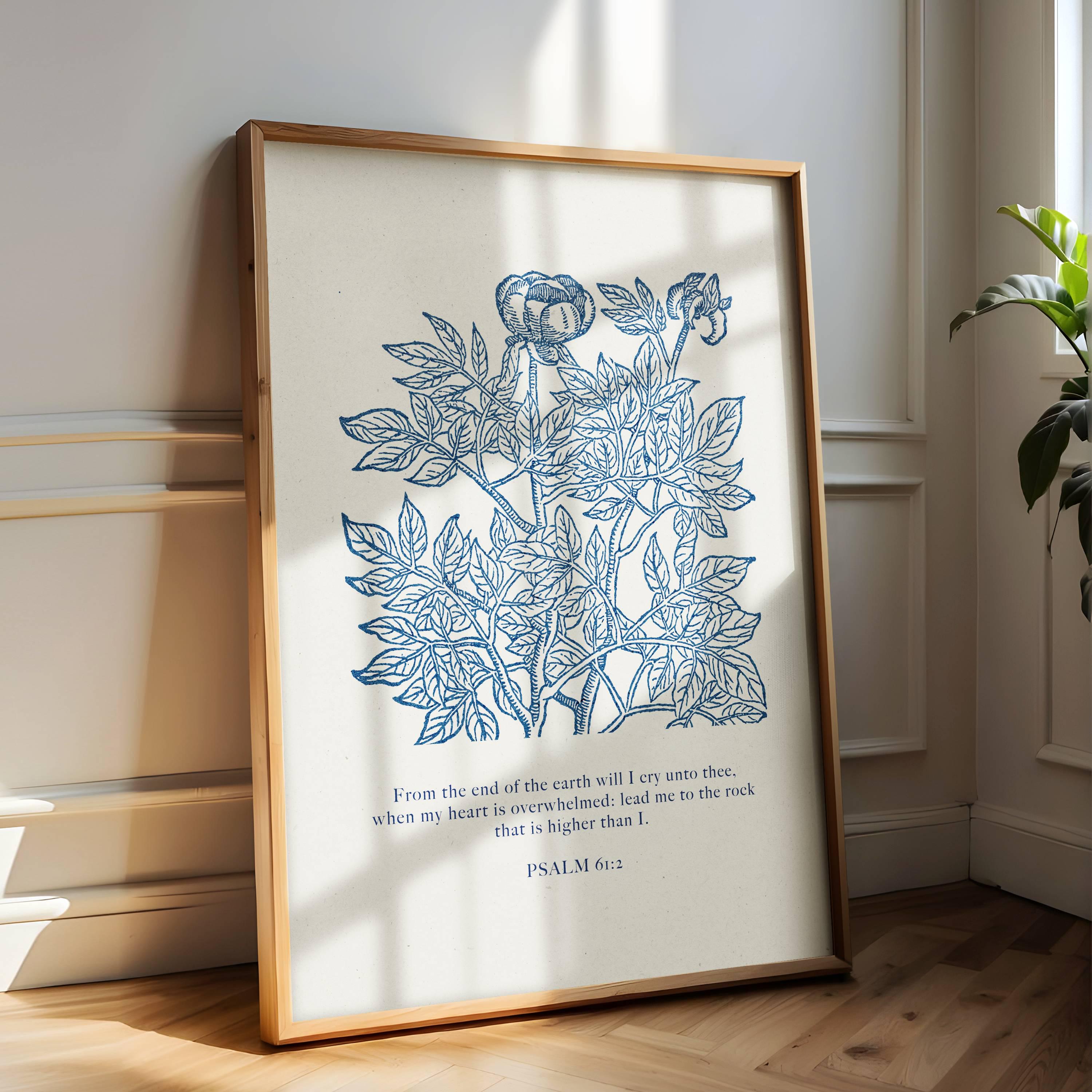 Christian Wall Art - Psalm 61:2 Bible Verse Printable, Scripture Wall Art for Home Decor, Blue Floral Bible Verse Art for Inspiration