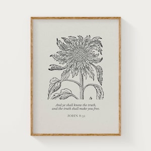 John 8:32 – The Truth Shall Make You Free, Christian Wall Art for Home or Office, Scripture Art Printable, Vintage Sunflower Botanical Print