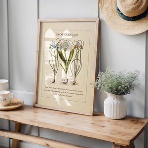 Printable featuring Proverbs 3:5-6 Bible Verse paired with illustrated vintage botanicals shown on a wood bench with vase and tea set.